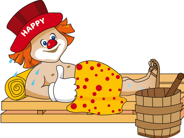 Happy der Familotel Clown schwitzt gut gelaunt in der Sauna des Aparthotel Am Rennsteig